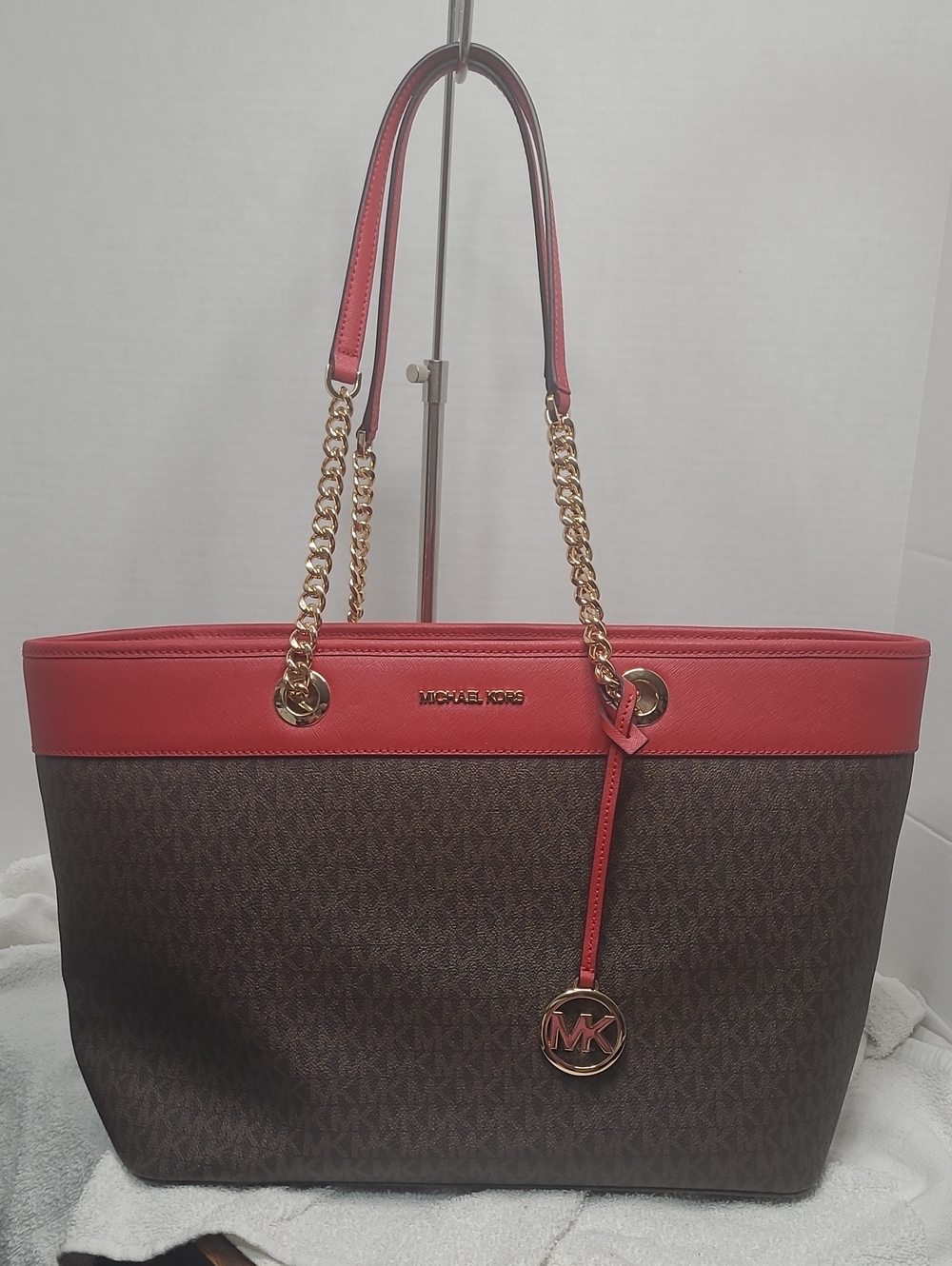 Michael Kors Brown MK Logo Tote with Red Trim and Gold Accents